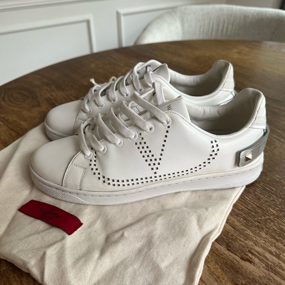 Valentino White Leather Perforated V Sneakers with Silver Heel Tab
